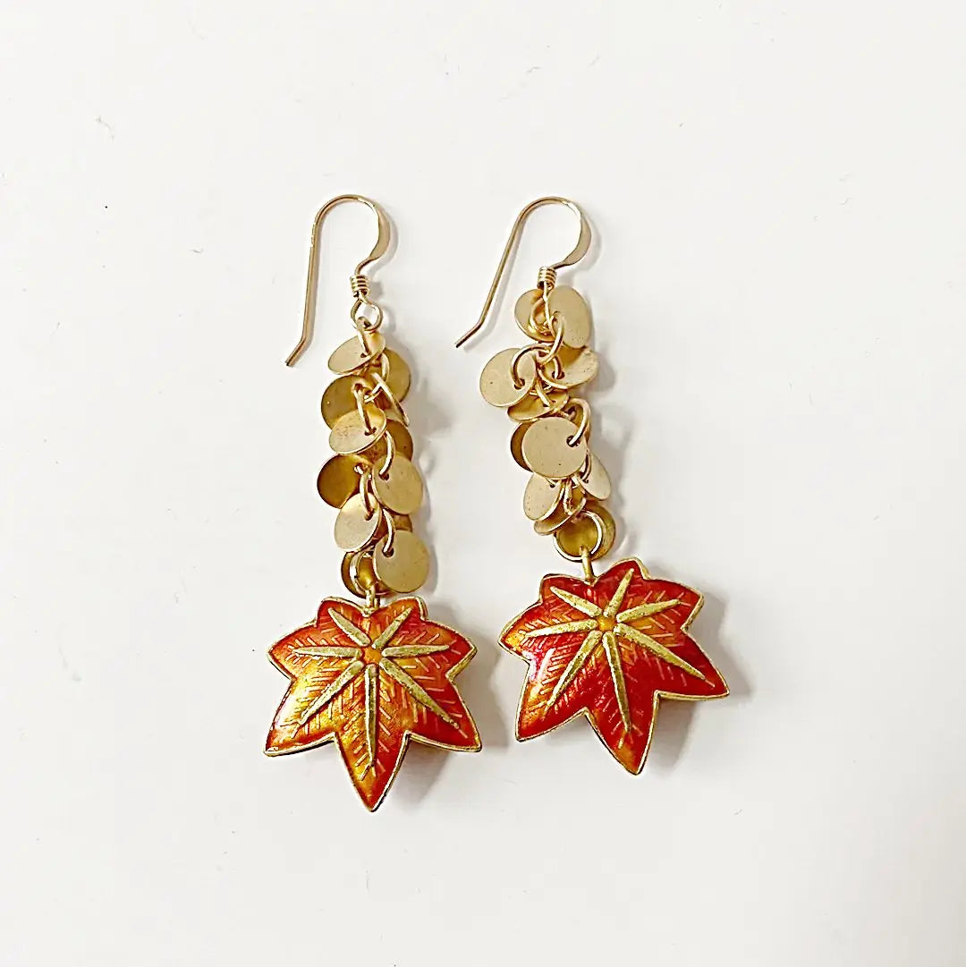 Enamel Leaves, Dot Fringe 14K Gold Fill Earrings Regina McGearty