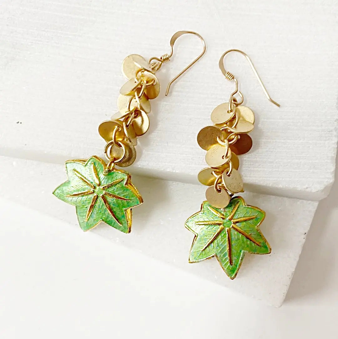 Enamel Leaves, Dot Fringe 14K Gold Fill Earrings Regina McGearty