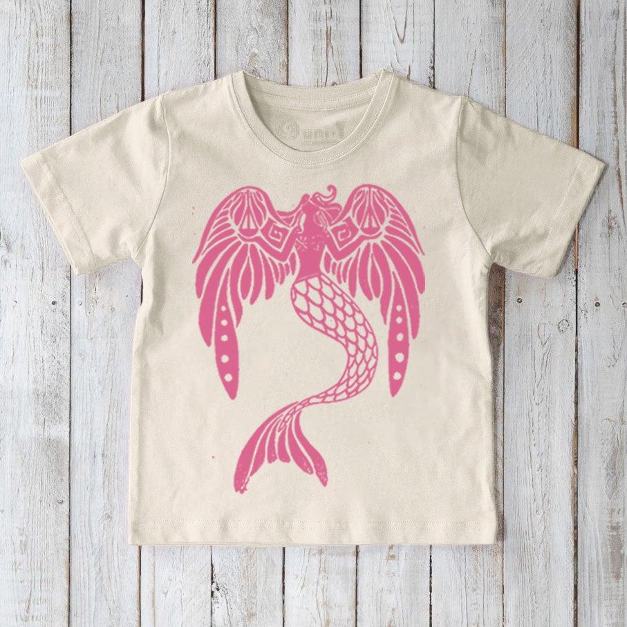 Kids' Mermaid Organic Cotton T-Shirt in cream with pink underwater fantasy graphic. Eco-friendly Uni-T tee featuring 'The Magnificent' mermaid design.