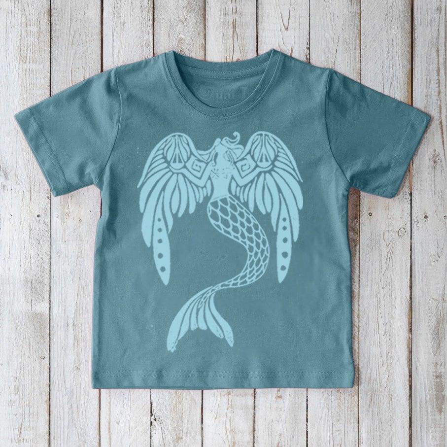 Blue Kids' Organic Cotton Mermaid T-Shirt with light blue fantasy sea creature print. Sustainable Uni-T top for children, 'The Magnificent' design.