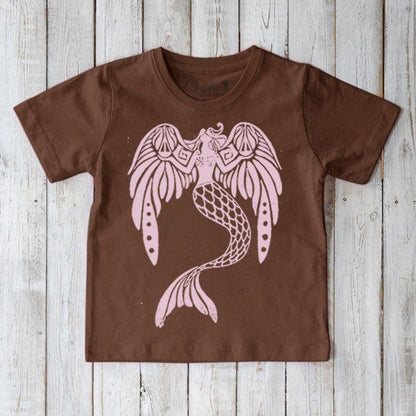 Brown Kids' Organic Cotton T-Shirt with pale pink mermaid fantasy print. Uni-T sustainable apparel featuring 'The Magnificent' ocean creature design.