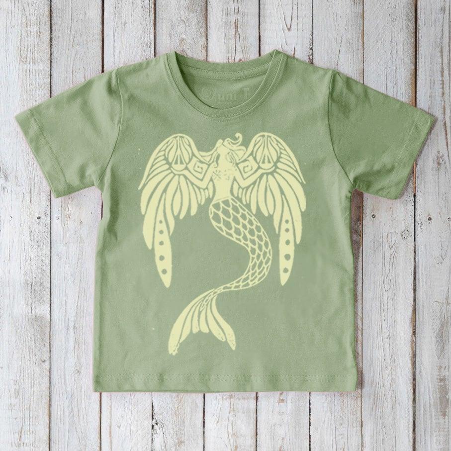 Green Kids' Organic Cotton T-Shirt with yellow mermaid fantasy graphic. Eco-friendly Uni-T top for children, 'The Magnificent' underwater theme.