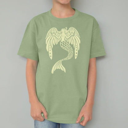 Child wearing green Kids' Organic Cotton Mermaid T-Shirt with yellow fantasy sea creature print. Sustainable Uni-T apparel, 'The Magnificent' design.