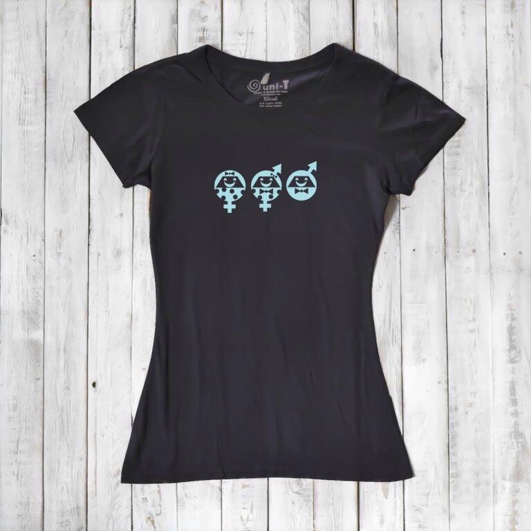 Women's Equality T-Shirt in black bamboo & organic cotton with blue human rights graphic. Eco-friendly tee promoting social justice and unity.