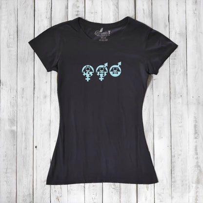 Women's Equality T-Shirt in black bamboo & organic cotton with blue human rights graphic. Eco-friendly tee promoting social justice and unity.