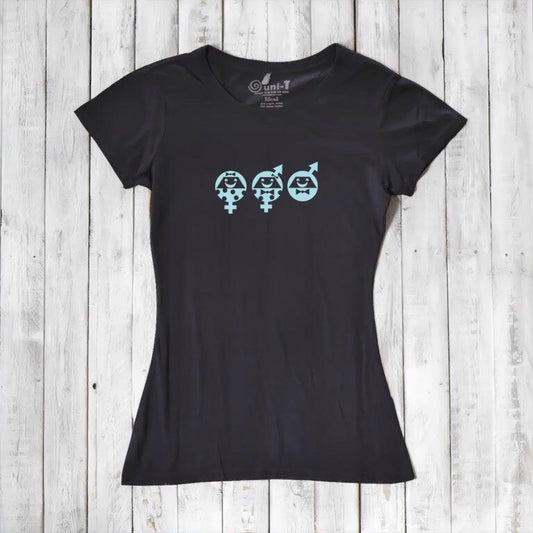 Women's Equality T-Shirt in black bamboo & organic cotton with blue human rights graphic. Eco-friendly tee promoting social justice and unity.