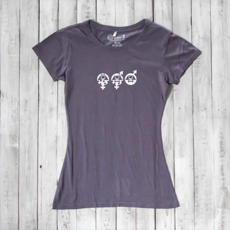 Women's Equality T-Shirt in gray bamboo & organic cotton with white graphic. Eco-conscious fashion supporting gender equality and unity.