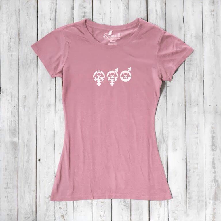 Women's Equality T-Shirt in pink bamboo & organic cotton with white graphic. Feminist graphic tee for allies promoting fairness and inclusion.