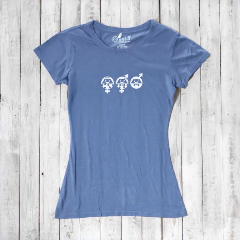 Women's Equality T-Shirt in sky blue bamboo & organic cotton with white graphic. Sustainable fashion piece supporting equality and activism.