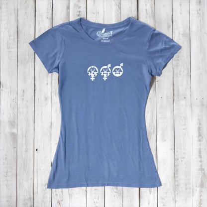 Women's Equality T-Shirt in sky blue bamboo & organic cotton with white graphic. Sustainable fashion piece supporting equality and activism.