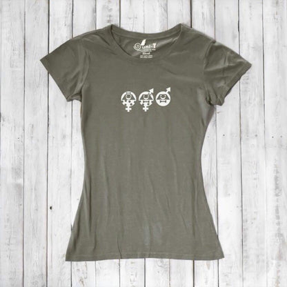 Women's Equality T-Shirt in olive bamboo & organic cotton with white graphic. Eco-friendly tee for allies advocating for gender equality.