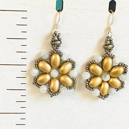 Close-up of Gold Flower Medallion Earrings with moonstone beads next to a ruler for size reference. Handmade with sterling silver hooks.