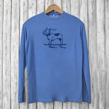 Blue bamboo long sleeve French Bulldog shirt for men featuring a graphic of a bulldog on a skateboard. Eco-friendly and perfect for dog lovers.