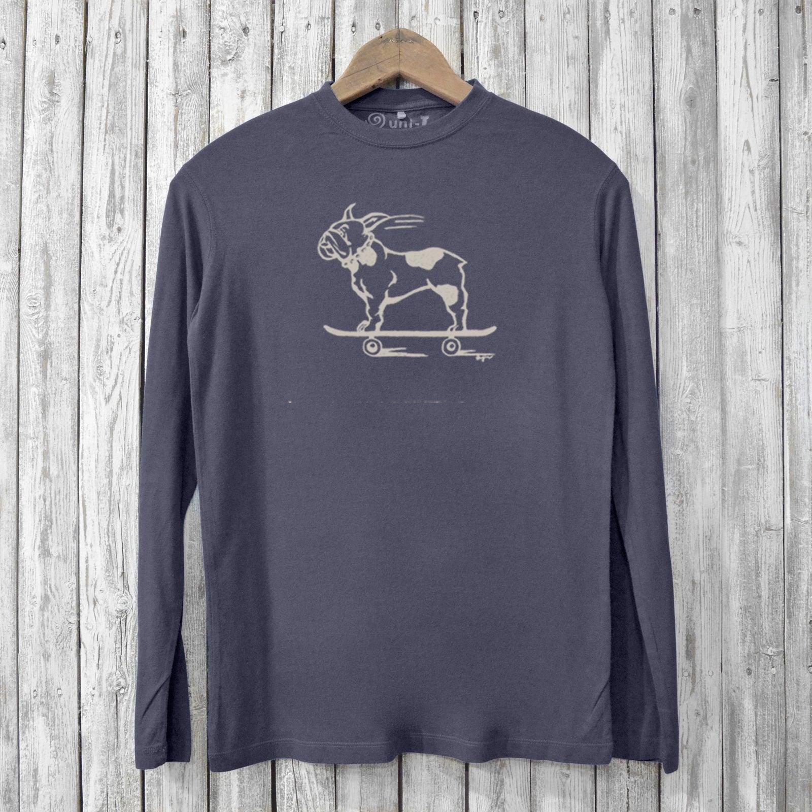 Charcoal bamboo long sleeve T-shirt for men with a French Bulldog skateboard graphic. Sustainable and soft organic cotton blend.