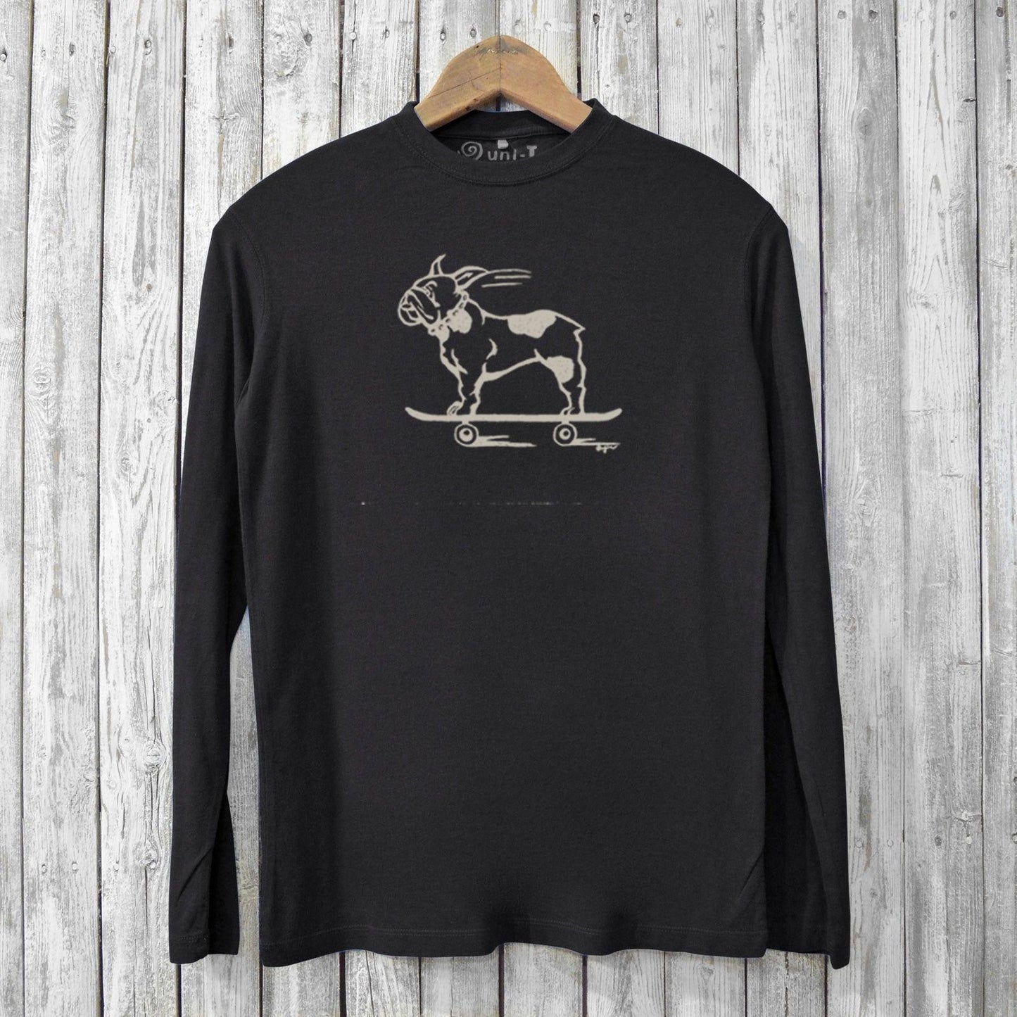 Black men's bamboo long sleeve shirt with French Bulldog on skateboard print. Organic cotton tee ideal for eco-conscious dog enthusiasts.