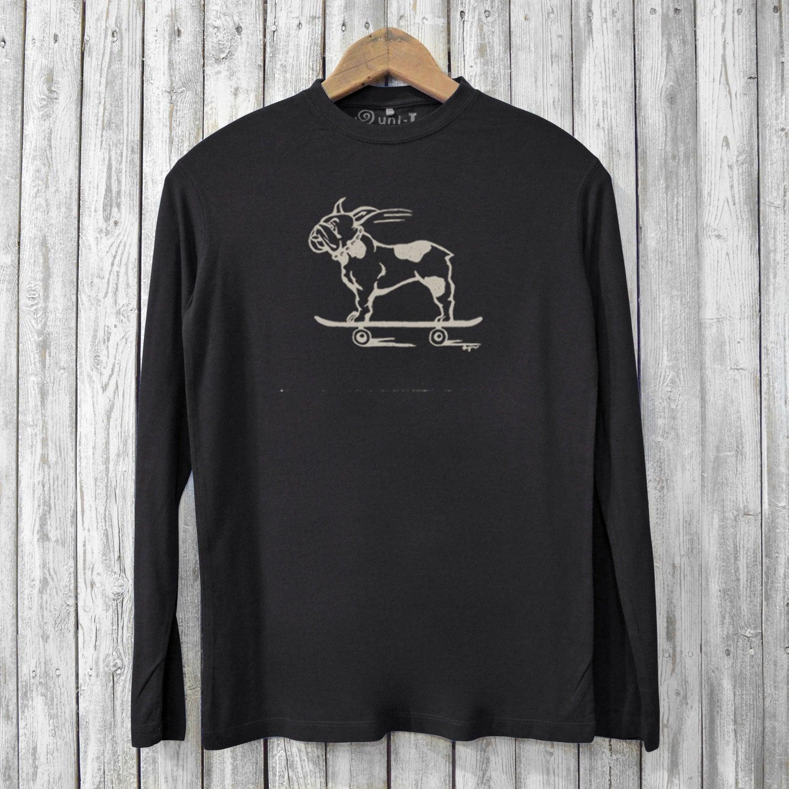 Black men's bamboo long sleeve shirt with French Bulldog on skateboard print. Organic cotton tee ideal for eco-conscious dog enthusiasts.