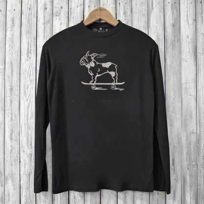 Black men's bamboo long sleeve shirt with French Bulldog on skateboard print. Organic cotton tee ideal for eco-conscious dog enthusiasts.