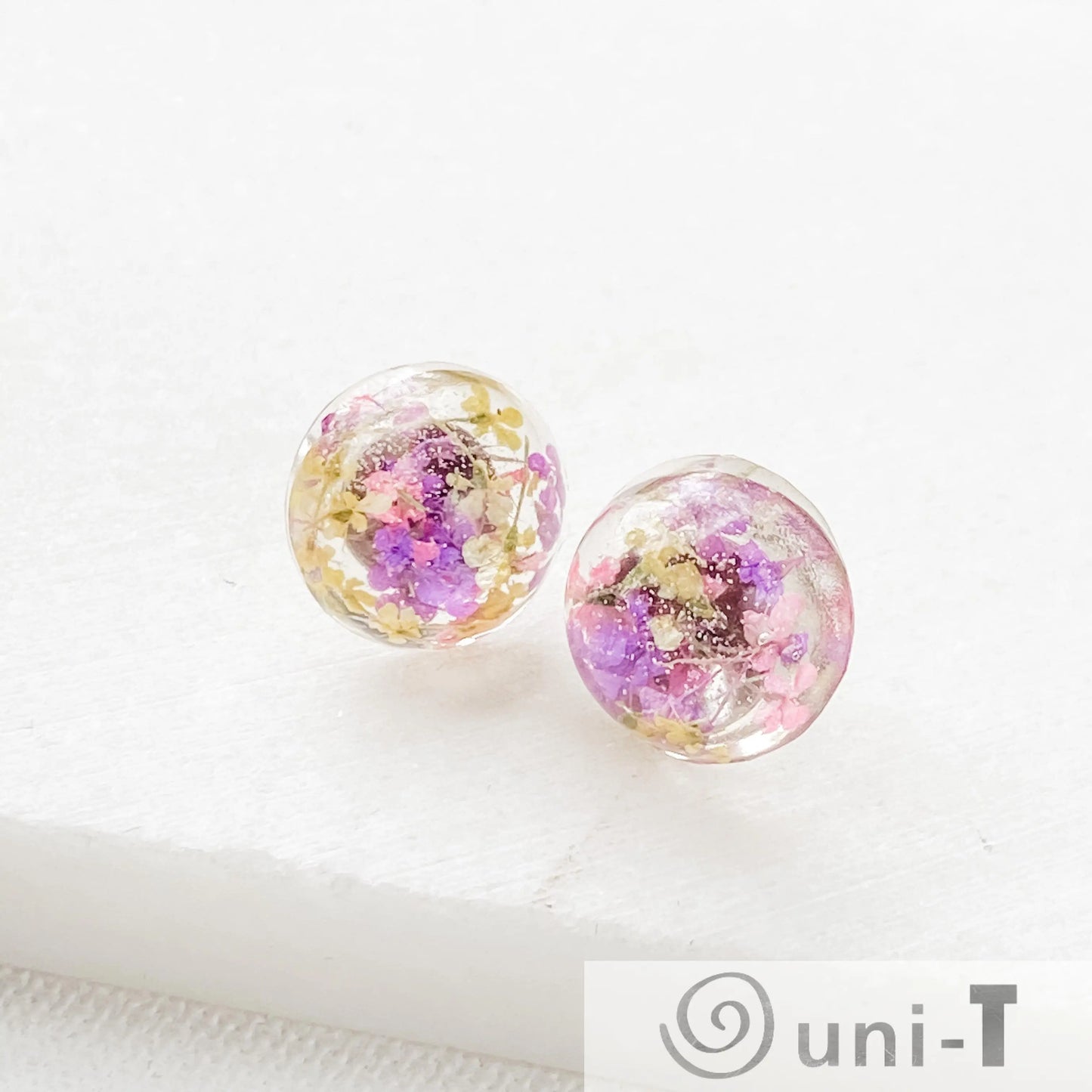 Fresh Flower Resin Stud Dot Earrings - Purple, Blue, Yellow Janine Gerade