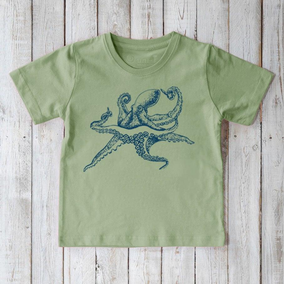 Kids' Octopus Organic Cotton T-Shirt in sage green with detailed ocean life graphic. Eco-friendly sea creature tee for children by Uni-T.