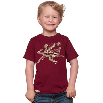 Child wearing Kids' Octopus Organic Cotton T-Shirt in burgundy with yellow sea creature print. Sustainable ocean-themed tee by Uni-T.