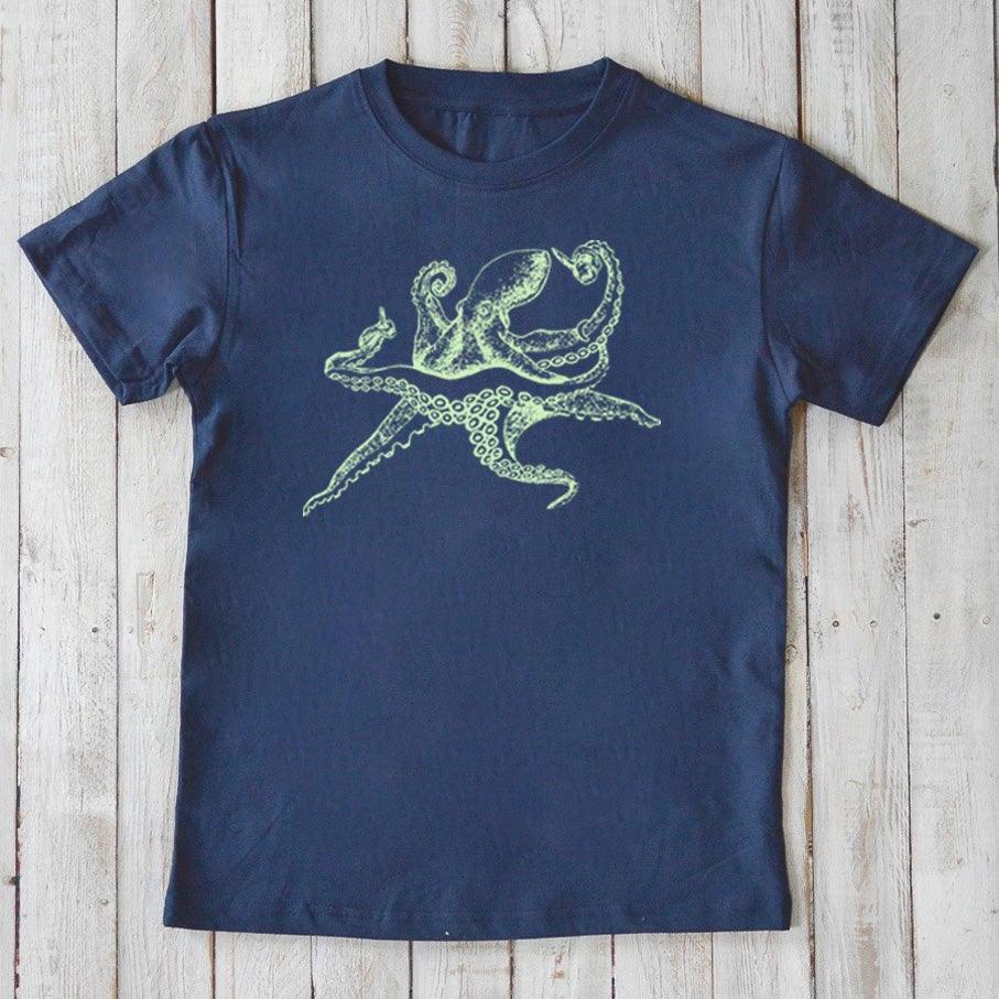 Navy blue Kids' Octopus Organic Cotton T-Shirt with neon green ocean life graphic. Eco-conscious animal lover shirt by Uni-T.