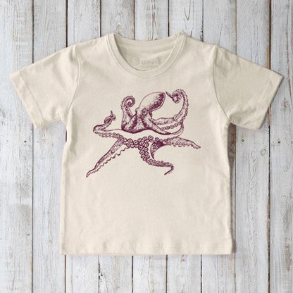 Cream Kids' Octopus Organic Cotton T-Shirt featuring maroon sea creature design. Soft and sustainable ocean-themed tee for kids.