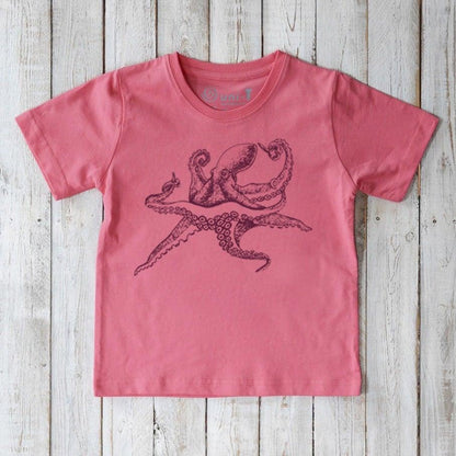 Pink Kids' Octopus Organic Cotton T-Shirt with dark purple ocean life graphic. Eco-friendly sea creature top by Uni-T for children.