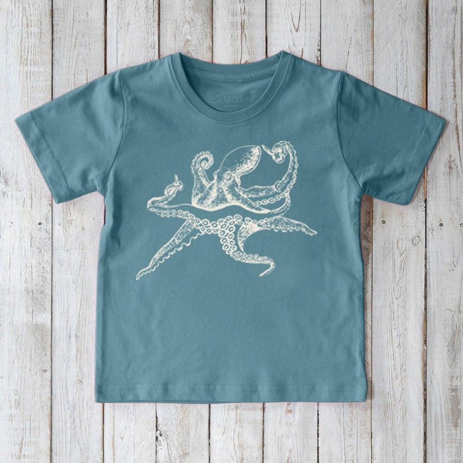 Teal Kids' Octopus Organic Cotton T-Shirt with white sea creature print. Sustainable ocean life graphic tee for kids by Uni-T.