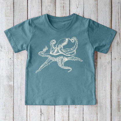 Teal Kids' Octopus Organic Cotton T-Shirt with white sea creature print. Sustainable ocean life graphic tee for kids by Uni-T.