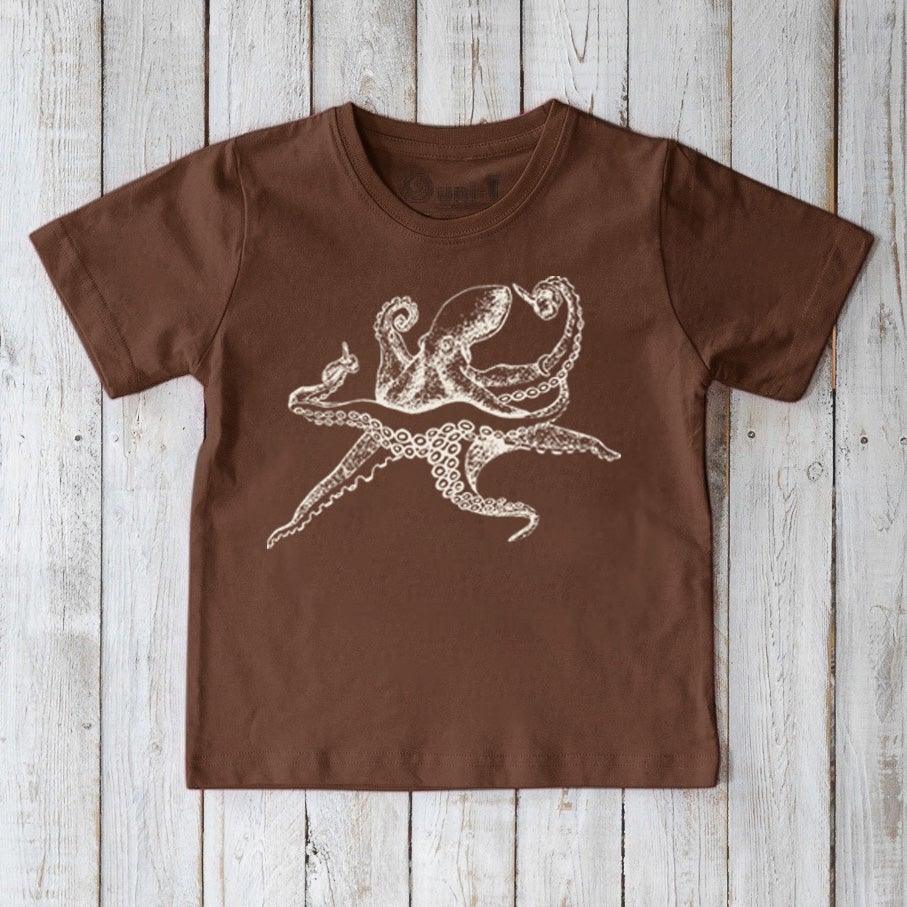 Brown Kids' Octopus Organic Cotton T-Shirt with white ocean life illustration. Eco-conscious sea creature shirt for children by Uni-T.