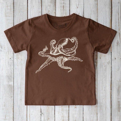 Brown Kids' Octopus Organic Cotton T-Shirt with white ocean life illustration. Eco-conscious sea creature shirt for children by Uni-T.