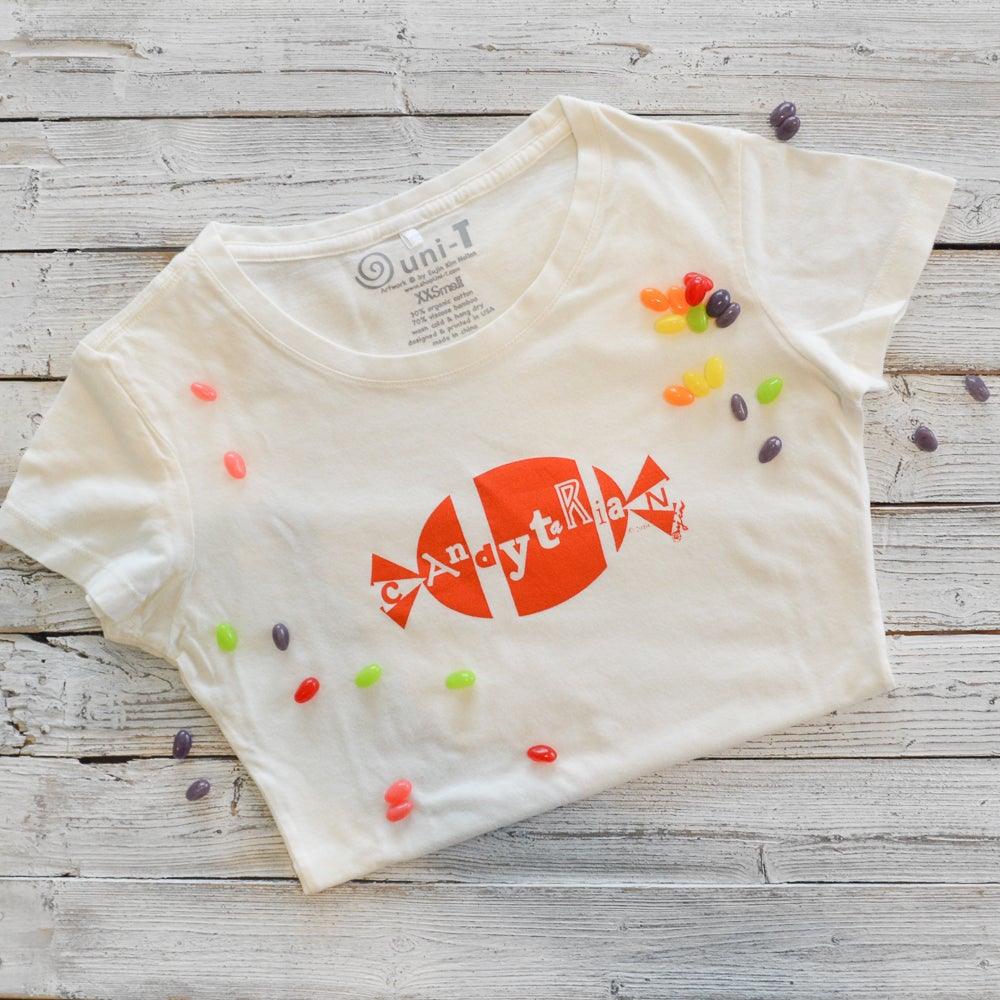 Women's Funny Graphic T-Shirt in Bamboo & Organic Cotton with red 'Candytarian' candy logo, styled flat with jelly beans. Sweet tooth gift tee.