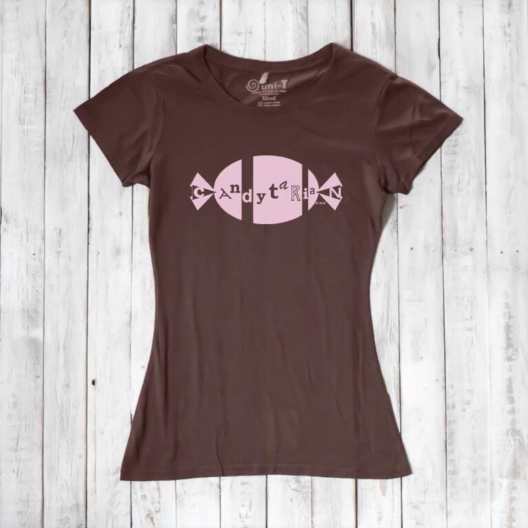Brown bamboo and organic cotton women's graphic tee with pink 'Candytarian' candy logo. Sustainable dessert lover gift shirt by Uni-T.