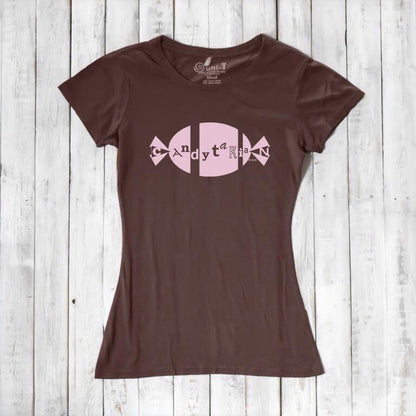 Brown bamboo and organic cotton women's graphic tee with pink 'Candytarian' candy logo. Sustainable dessert lover gift shirt by Uni-T.