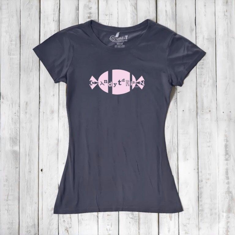 Dark gray women's bamboo and organic cotton T-shirt with pink 'Candytarian' candy graphic. Eco-friendly sweet tooth humor tee by Uni-T.