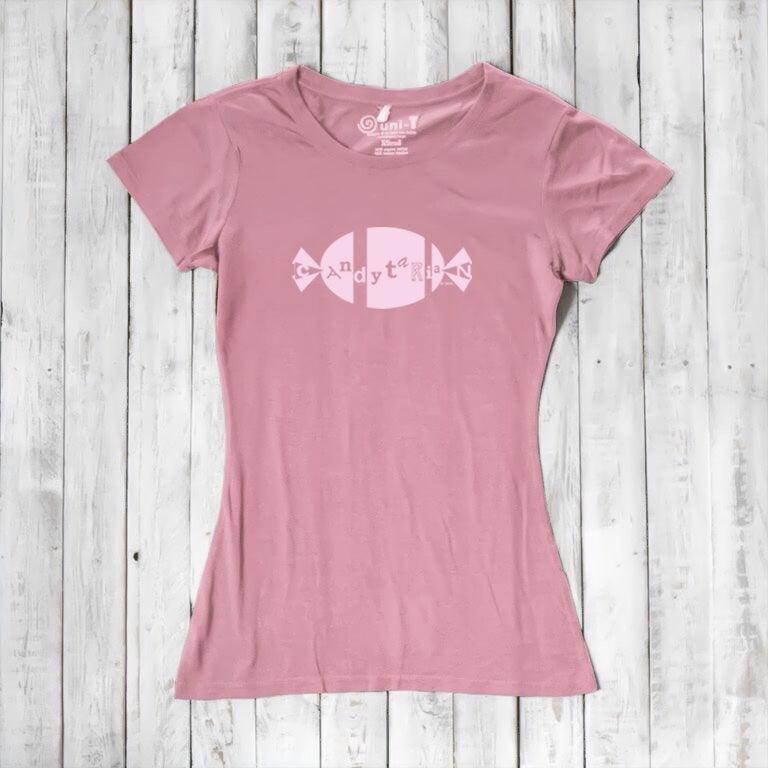 Pink bamboo and organic cotton women's T-shirt with light pink 'Candytarian' candy logo. Sustainable funny dessert-themed tee by Uni-T.