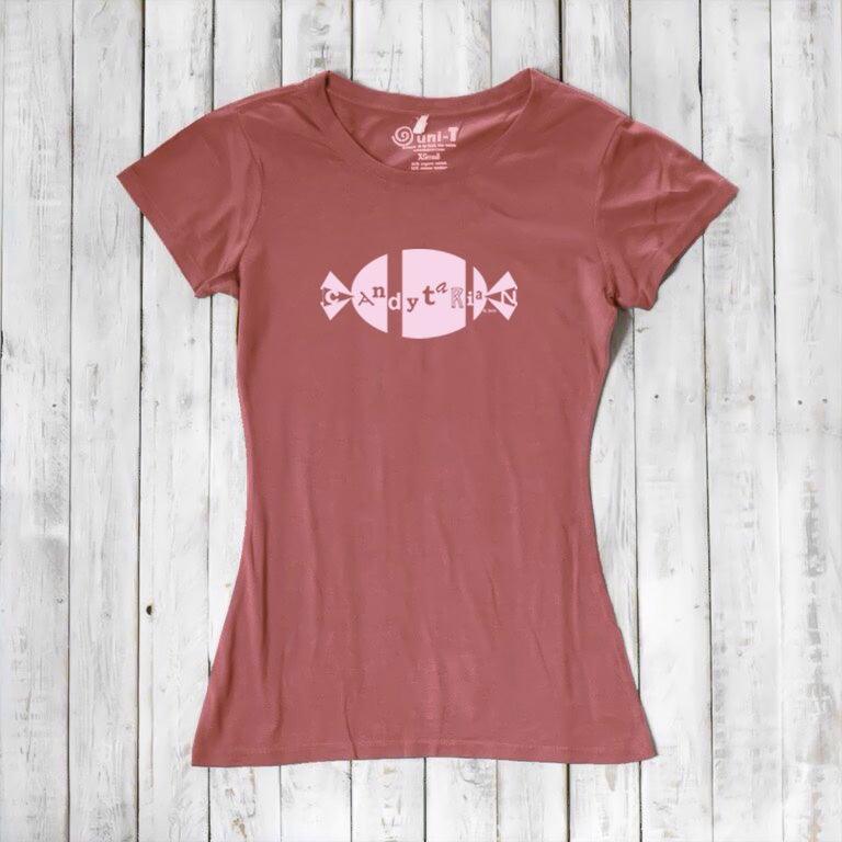 Rust red women's bamboo and organic cotton T-shirt featuring pink 'Candytarian' candy graphic. Sweet tooth humor gift tee by Uni-T.