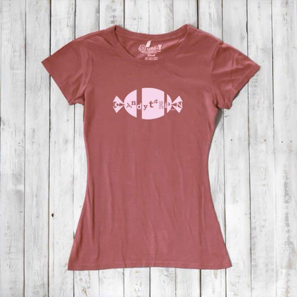 Rust red women's bamboo and organic cotton T-shirt featuring pink 'Candytarian' candy graphic. Sweet tooth humor gift tee by Uni-T.