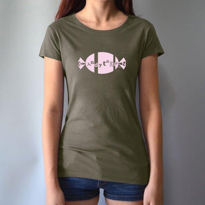 Olive green women's fitted bamboo and organic cotton T-shirt with pink 'Candytarian' candy logo. Eco-friendly gift for candy lovers by Uni-T.