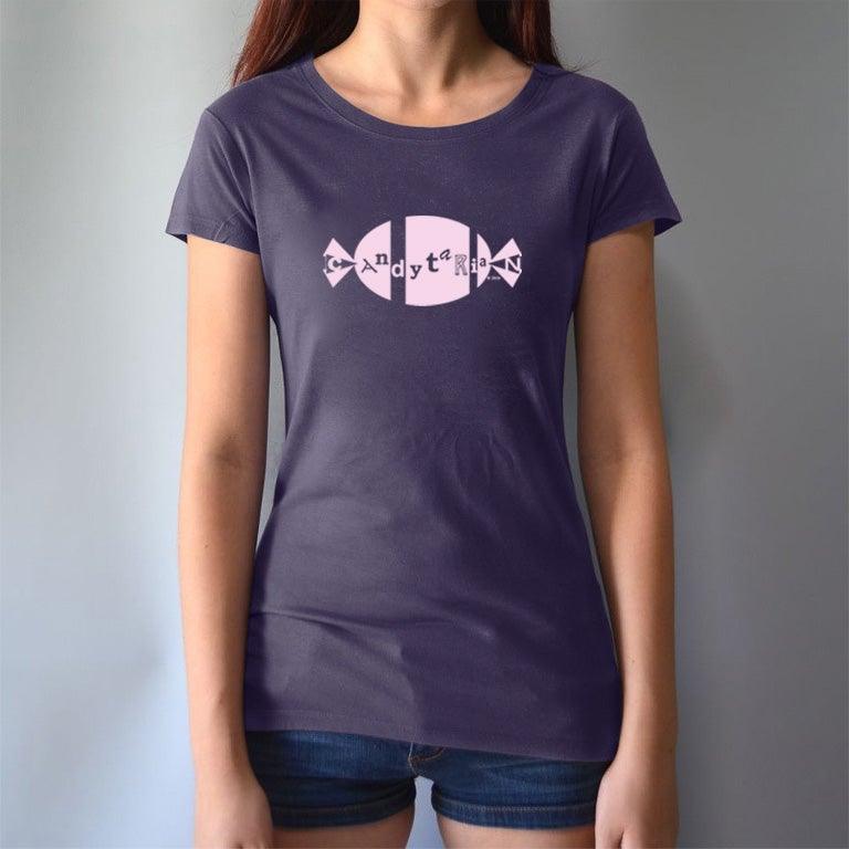 Navy blue women's bamboo and organic cotton graphic tee with pink 'Candytarian' candy design. Sustainable dessert lover shirt by Uni-T.