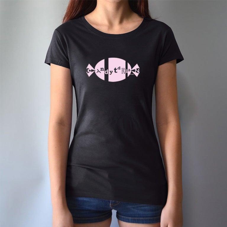 Black bamboo and organic cotton women's T-shirt with pink 'Candytarian' candy logo. Funny and sustainable gift tee for sweet tooth fans.