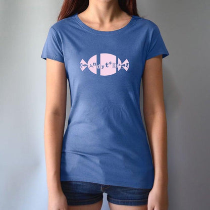Royal blue women's bamboo and organic cotton T-shirt with pink 'Candytarian' candy graphic. Eco-friendly dessert humor tee by Uni-T.