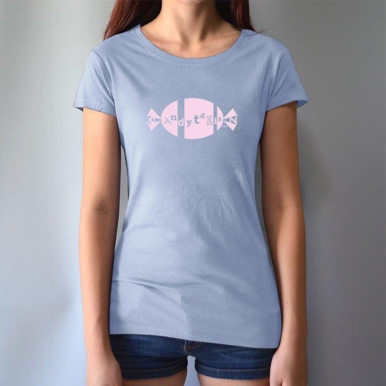 Light blue bamboo and organic cotton women's T-shirt with pink 'Candytarian' candy logo. Sustainable funny tee for candy lovers by Uni-T.