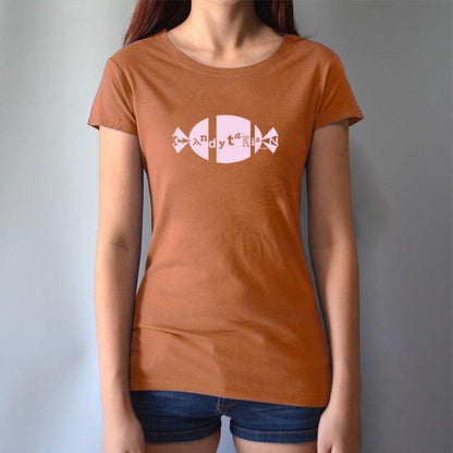 Burnt orange women's bamboo and organic cotton T-shirt with pink 'Candytarian' candy graphic. Sweet tooth humor gift tee by Uni-T.