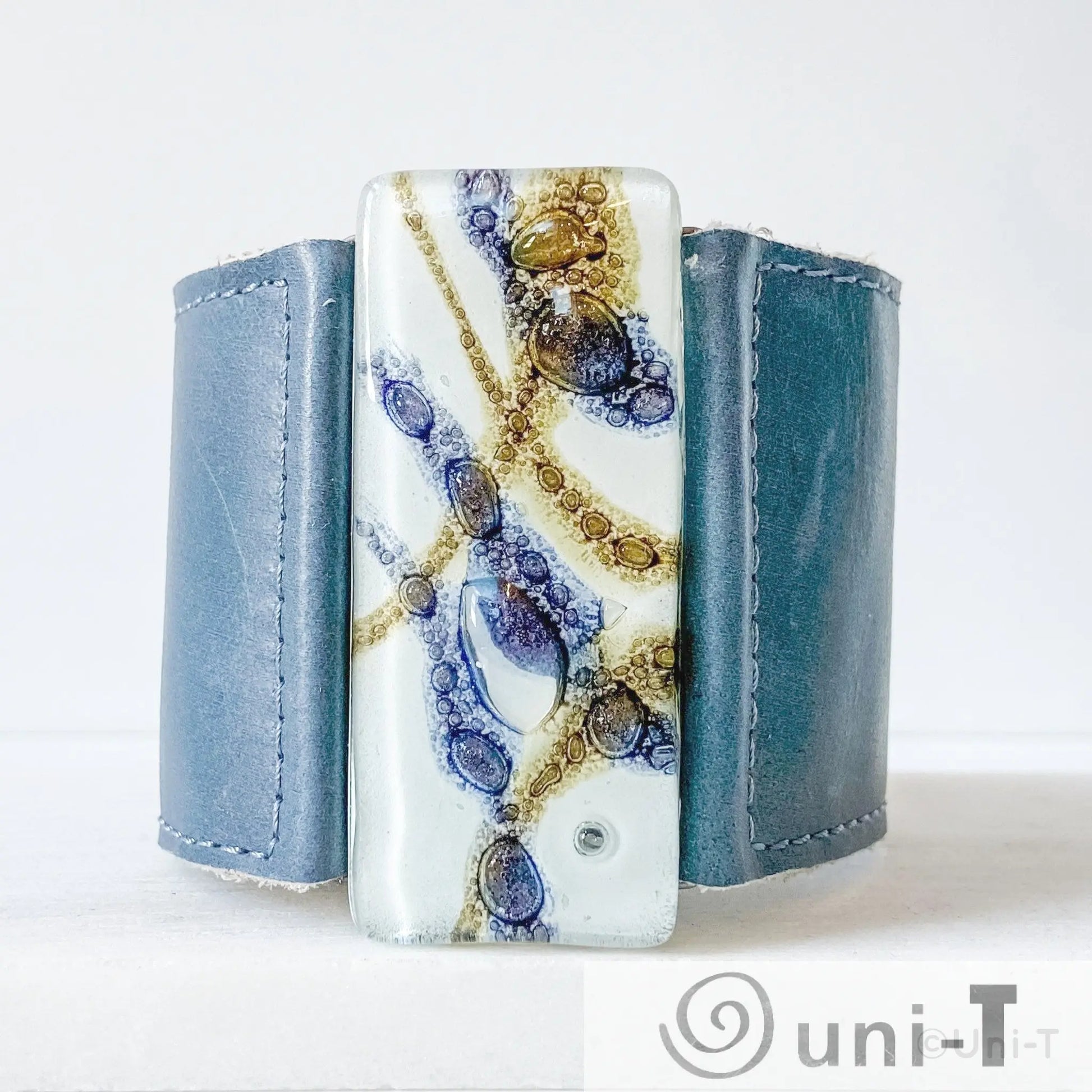 Fused Recycled Glass 2" Reclaimed Leather Cuff Carolina Portillo
