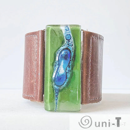 Fused Recycled Glass 2" Reclaimed Leather Cuff Carolina Portillo