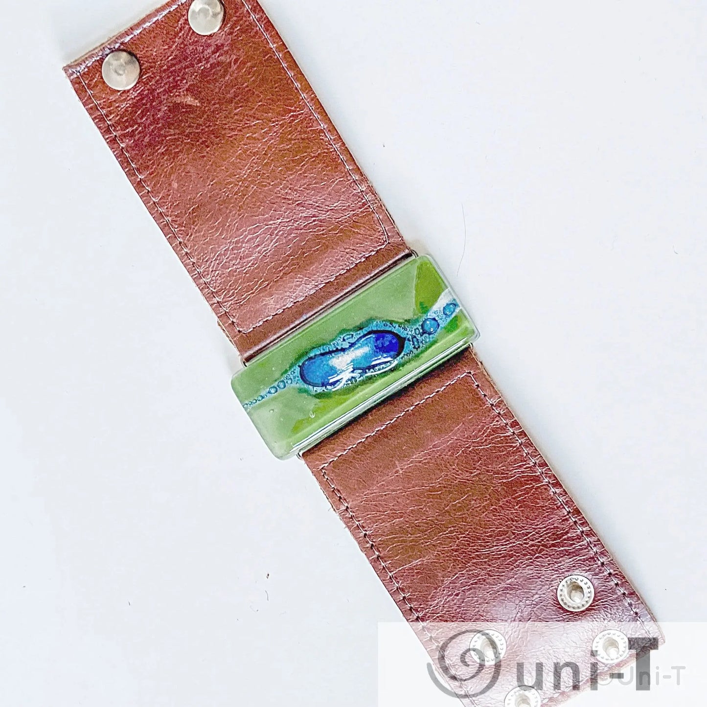 Fused Recycled Glass 2" Reclaimed Leather Cuff Carolina Portillo