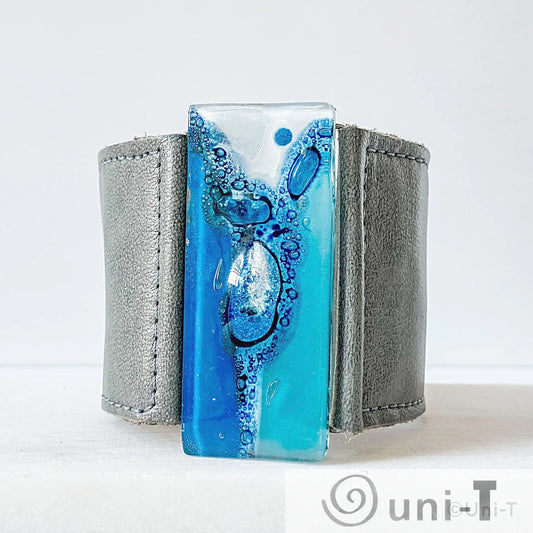 Fused Recycled Glass 2" Reclaimed Leather Cuff Carolina Portillo
