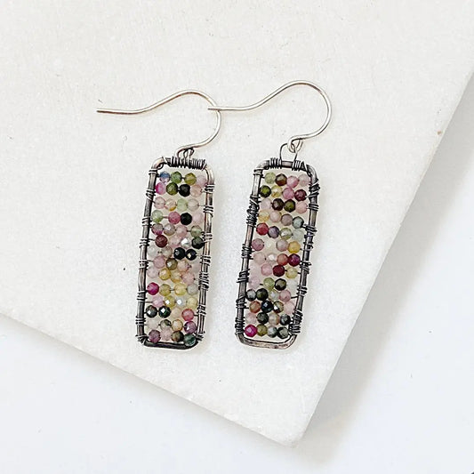 Turquoise gemstone earrings with multicolor 2mm tourmaline beads in a sterling silver rectangular bar design. Dainty wire-wrapped accessory for women.