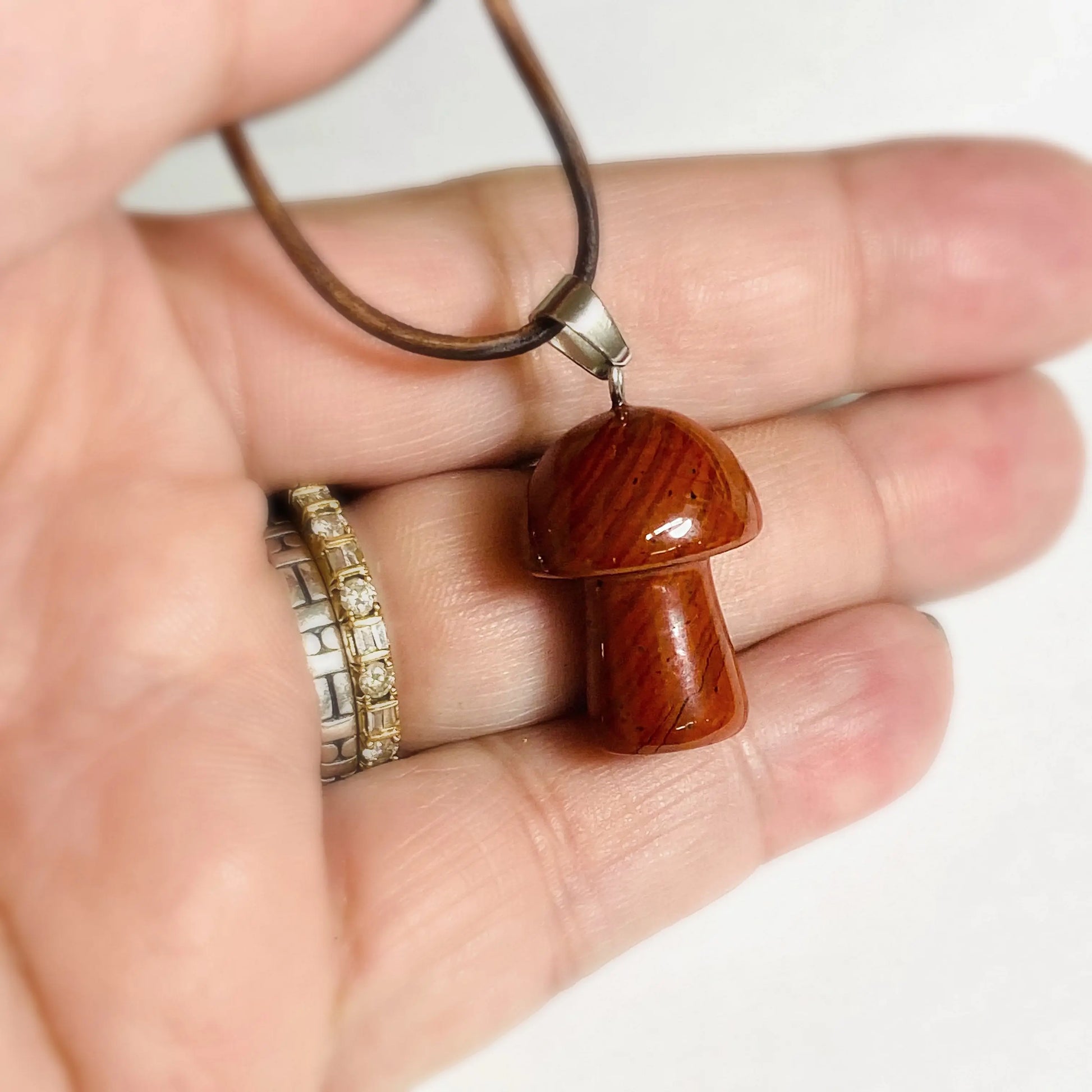 Gemstone Mushroom Necklace featuring a polished Jasper mushroom pendant on an 18-inch brown leather cord with sterling silver clasp.